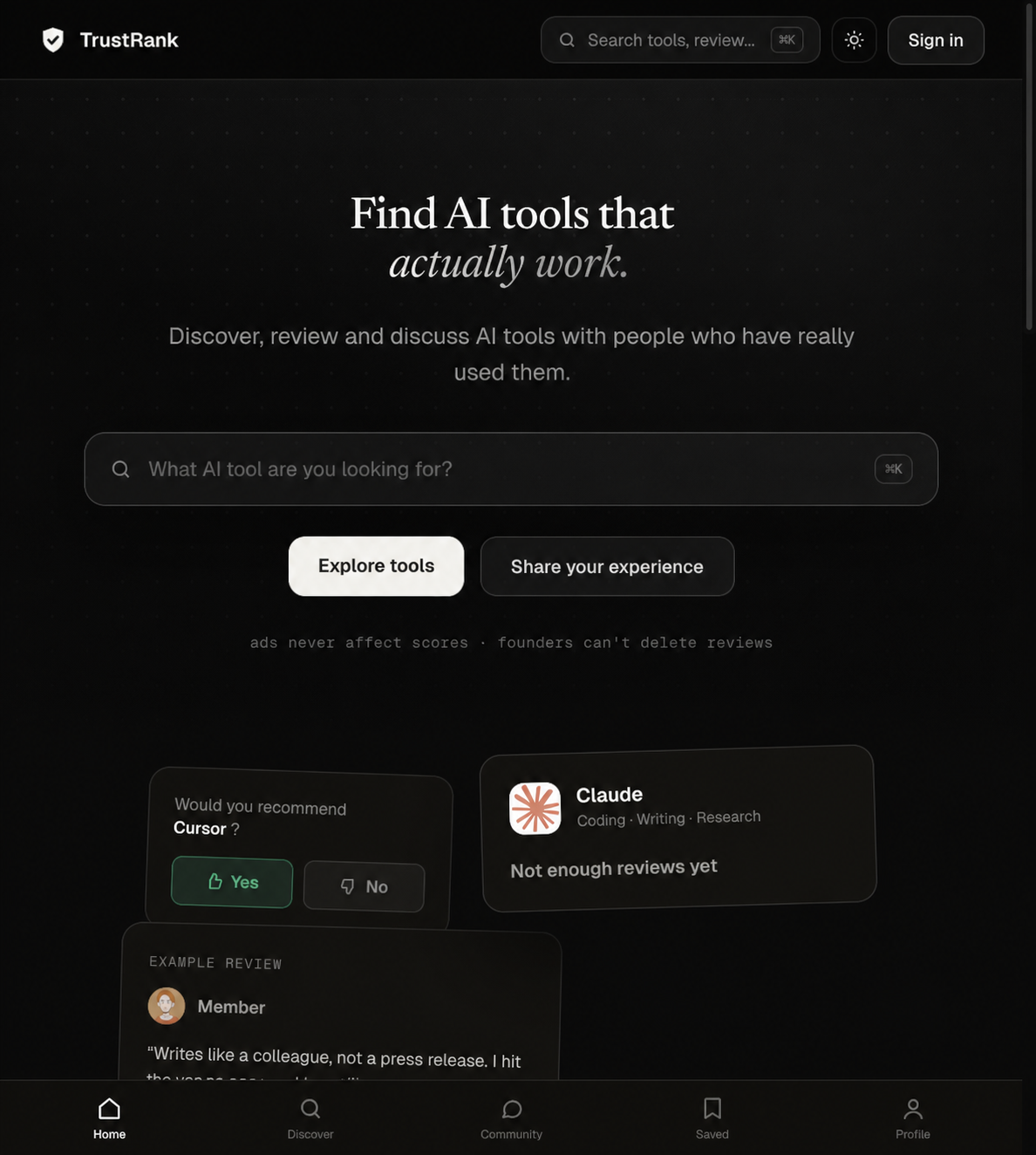TrustRank AI tool discovery website